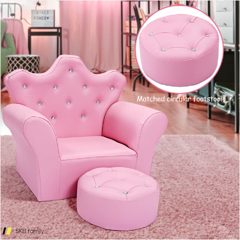 Children Upholstered Princess Sofa With Ottoman And Diamond Decoration For Boys And Girls 240615-230890