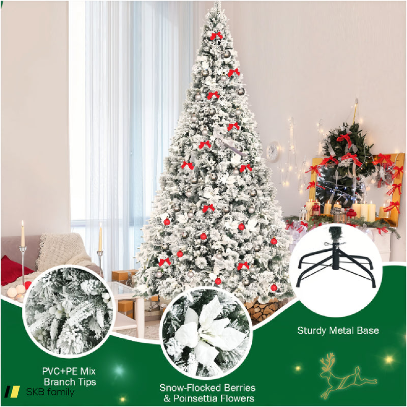 8 Feet Snow Flocked Hinged Christmas Tree With Berries And Poinsettia Flowers 240615-230893