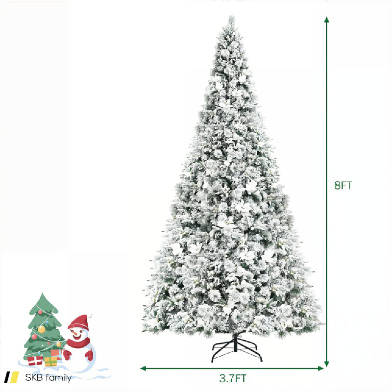 8 Feet Snow Flocked Hinged Christmas Tree With Berries And Poinsettia Flowers 240615-230893