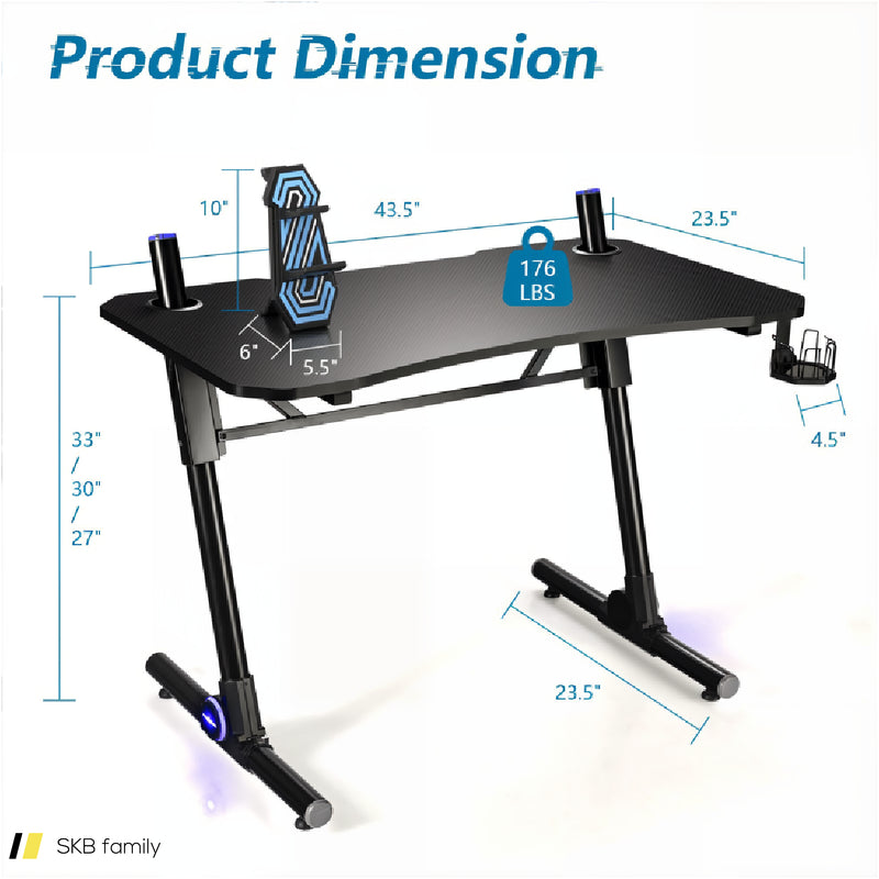 43.5 Inch Height Adjustable Gaming Desk With Blue Led Lights 240615-230907