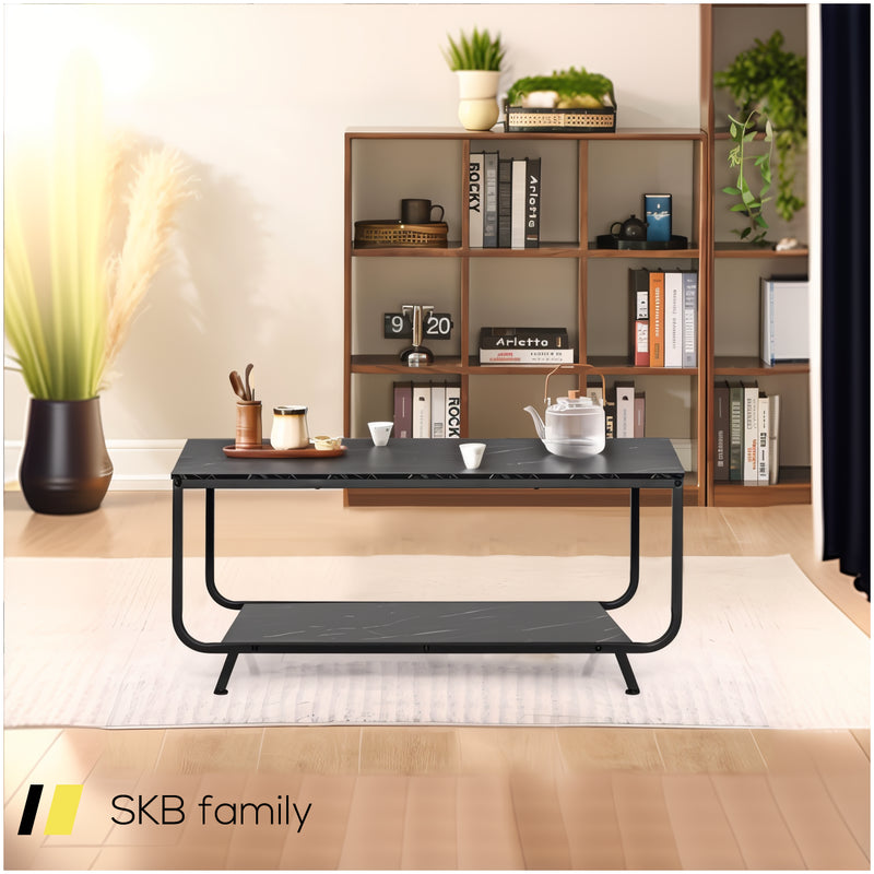 2-Tier Modern Marble Coffee Table With Storage Shelf For Living Room 240615-230910