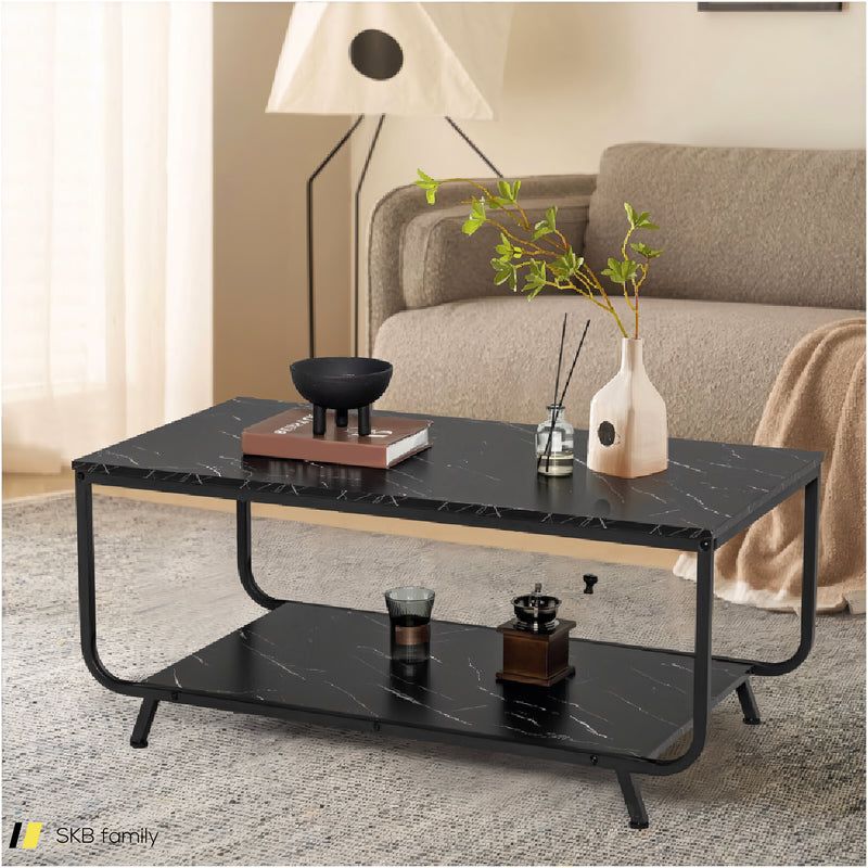 2-Tier Modern Marble Coffee Table With Storage Shelf For Living Room 240615-230910