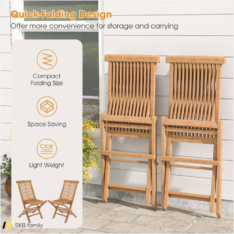 Set Of 2 Indonesia Teak Patio Folding Chairs With High Back And Slatted Seat 240615-230911