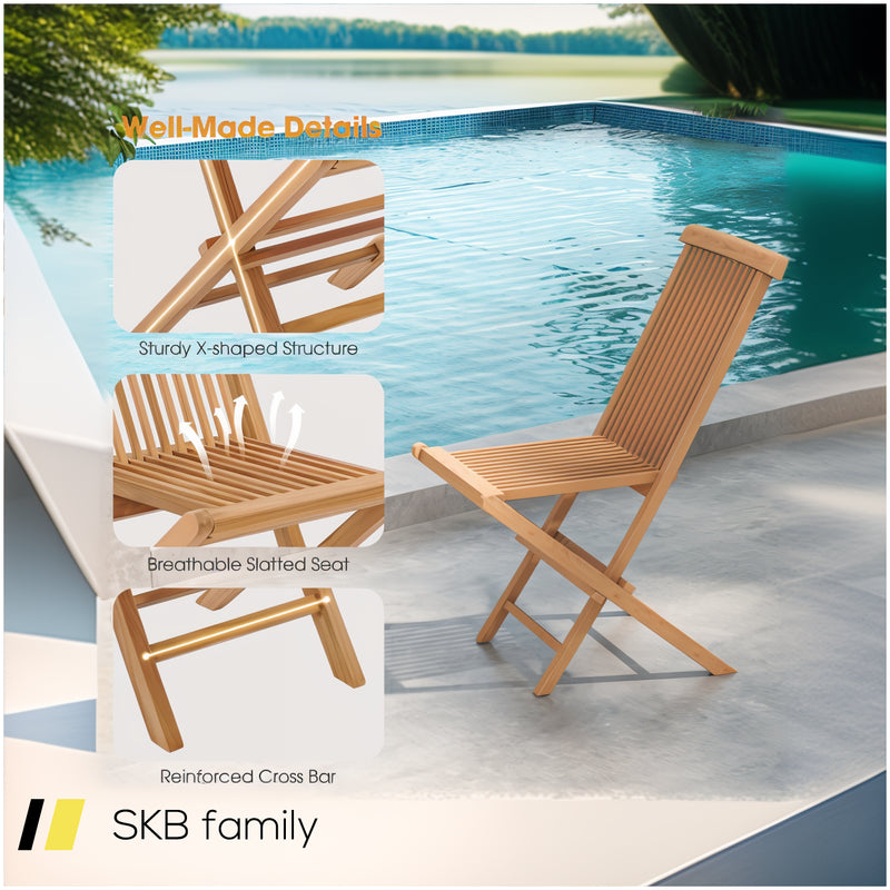 Set Of 2 Indonesia Teak Patio Folding Chairs With High Back And Slatted Seat 240615-230911