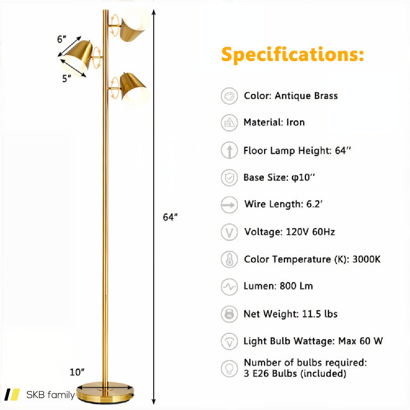 64 Inch 3-Light Led Floor Lamp Reading Light For Living Room Bedroom 240615-230920