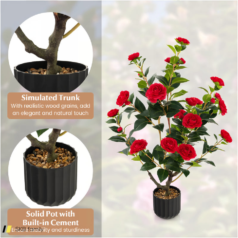 38 Inch Artificial Camellia Tree Faux Flower Plant In Cement Pot 240615-230921