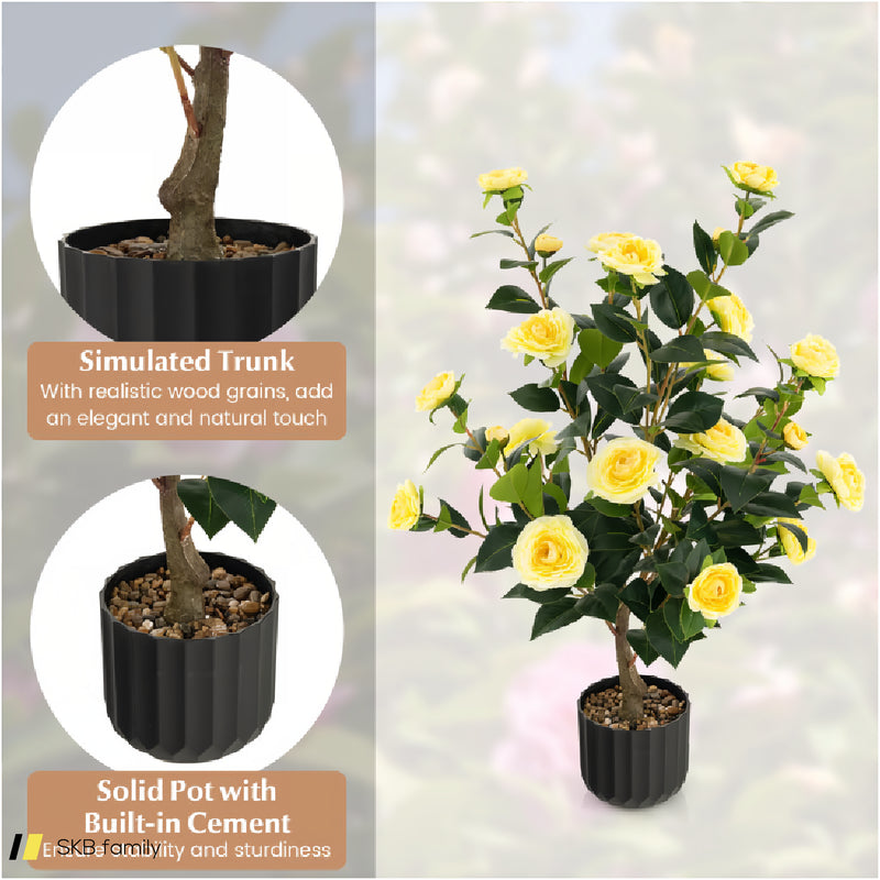 38 Inch Artificial Camellia Tree Faux Flower Plant In Cement Pot 240615-230921