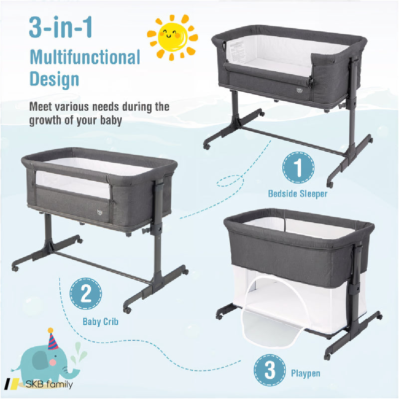 3-In-1 Foldable Baby Bedside Sleeper With Mattress And 5 Adjustable Heights 240615-230928