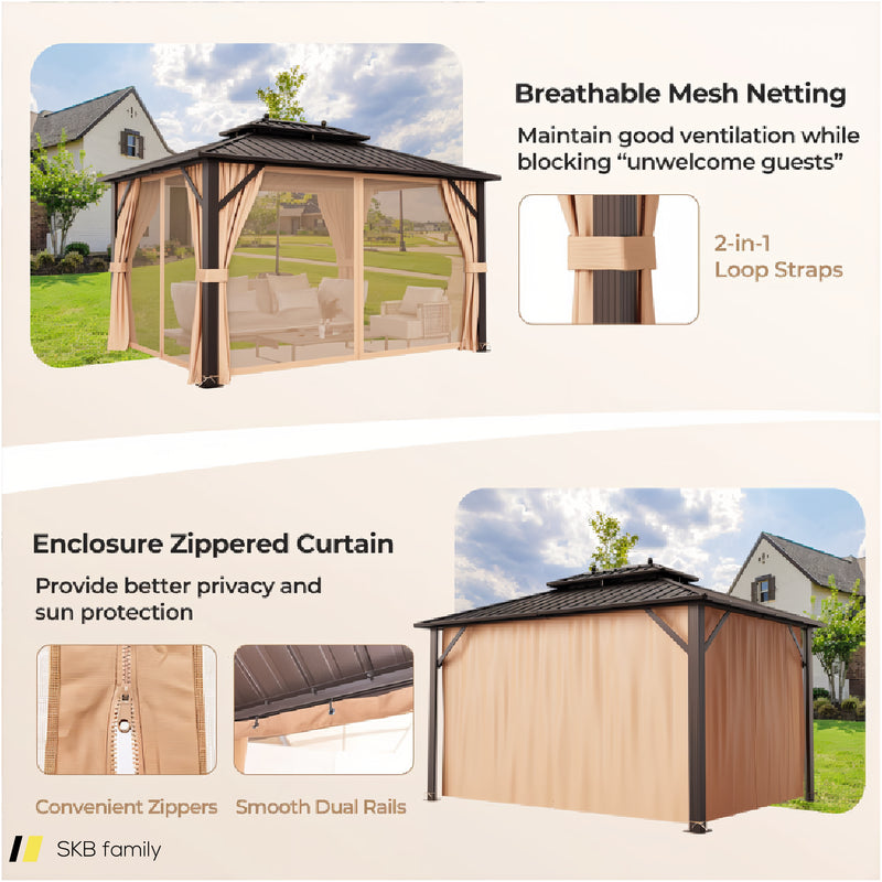 10 X 13 Feet Patio Hardtop Gazebo With Galvanized Steel Double Roof And Netting 240615-230938