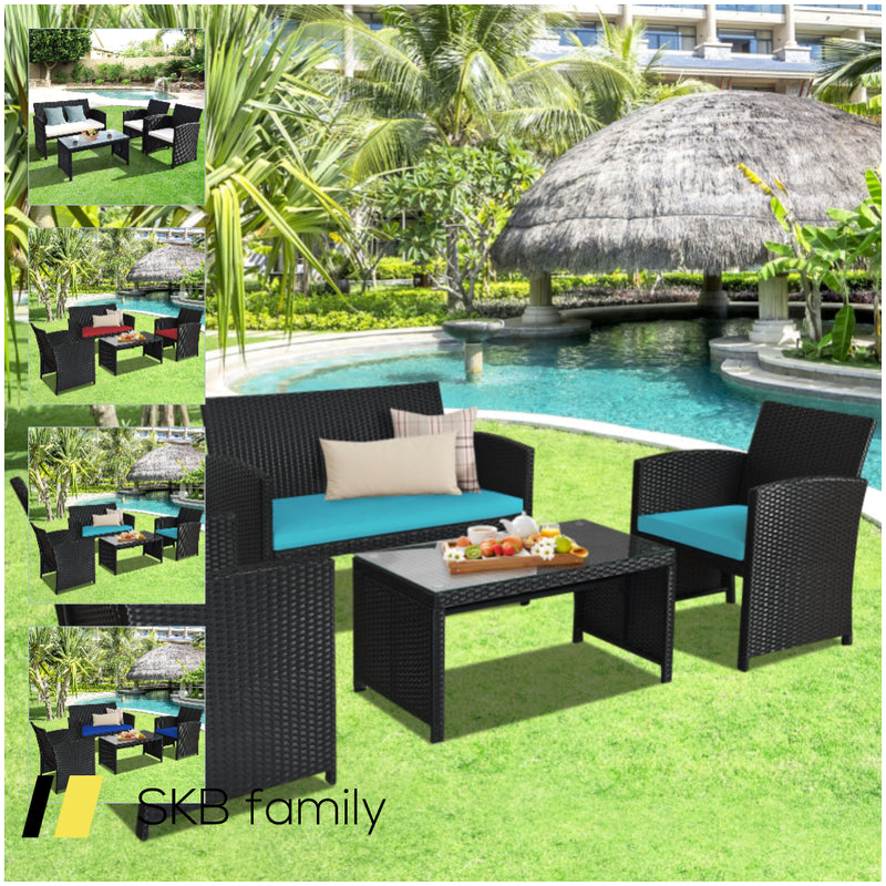 4 Pieces Rattan Patio Furniture Set With Weather Resistant Cushions And Tempered Glass Tabletop 240615-230939