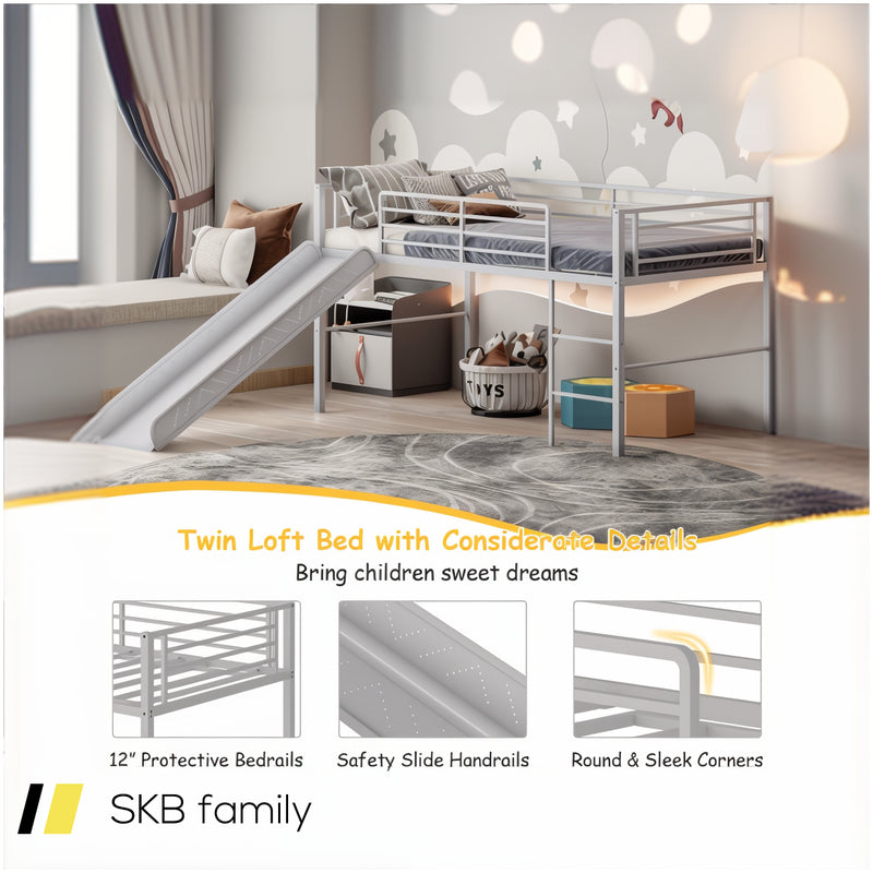 Twin Metal Loft Bed With Slide Safety Guardrails And Built-In Ladder 240615-230951