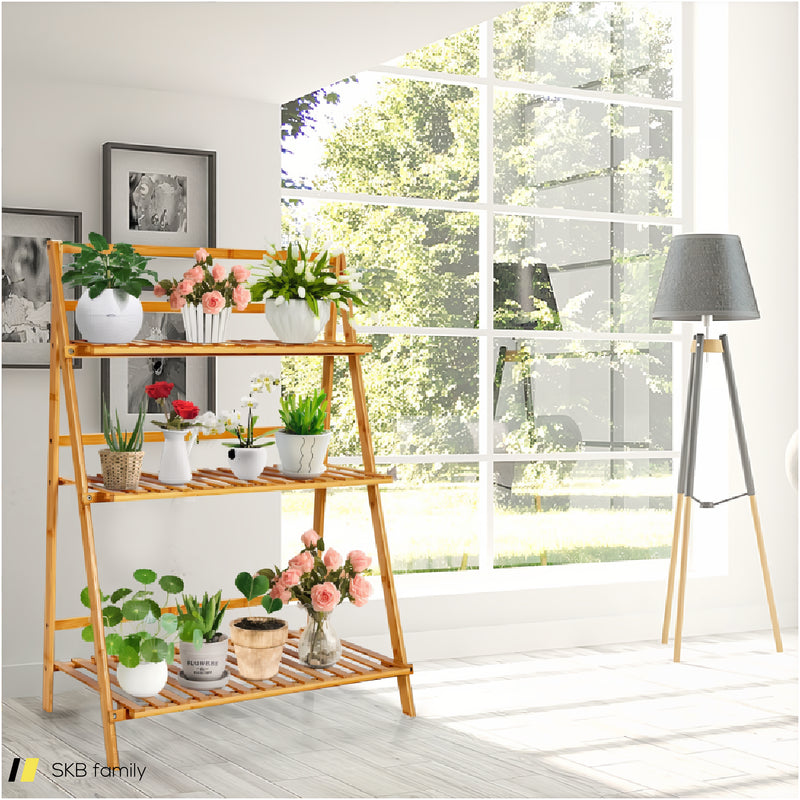 3-Tier Bamboo Foldable Plant Stand With Display Shelf Rack 240615-232695