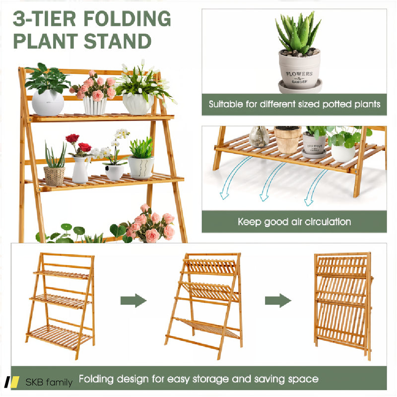 3-Tier Bamboo Foldable Plant Stand With Display Shelf Rack 240615-232695