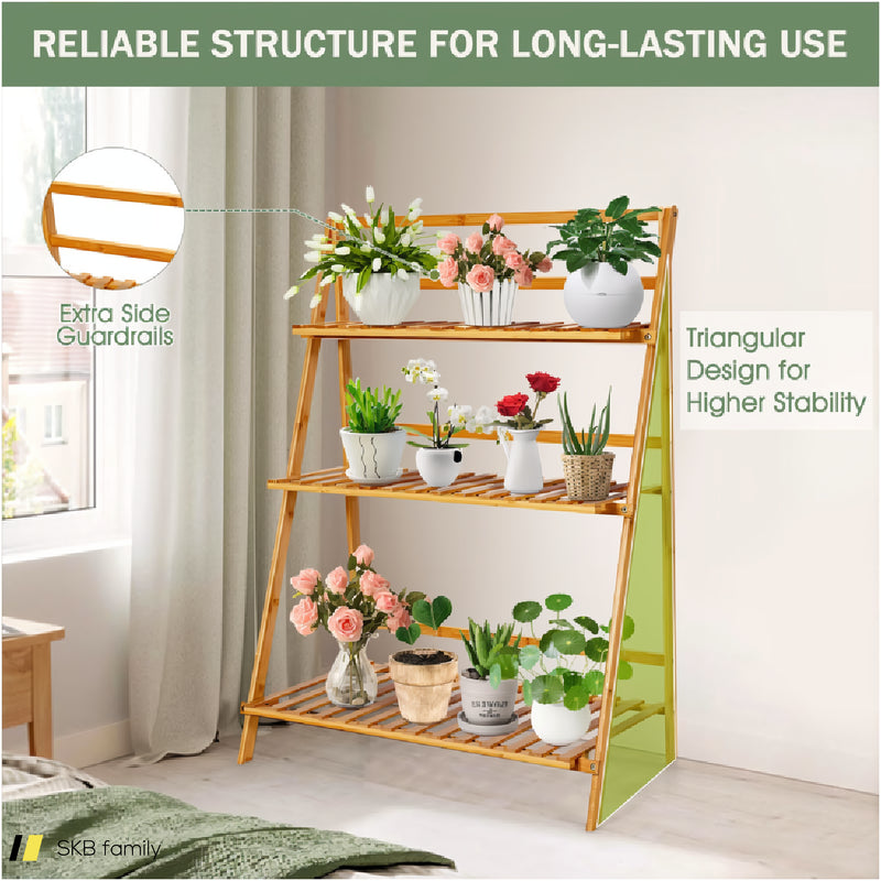 3-Tier Bamboo Foldable Plant Stand With Display Shelf Rack 240615-232695