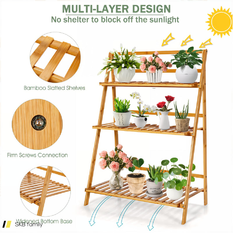 3-Tier Bamboo Foldable Plant Stand With Display Shelf Rack 240615-232695