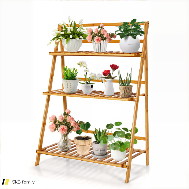 3-Tier Bamboo Foldable Plant Stand With Display Shelf Rack 240615-232695