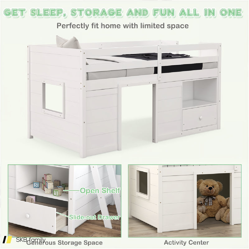 Twin Size Solid Wood Low Loft Bed With Storage And Drawer 240615-232757