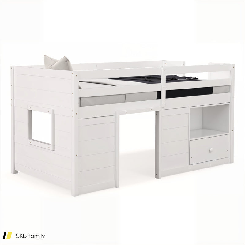 Twin Size Solid Wood Low Loft Bed With Storage And Drawer 240615-232757