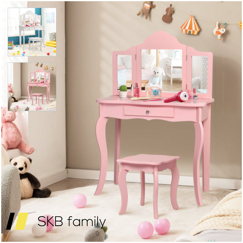 Kids Dressing Vanity Set With Tri-Folding Mirror And Stool 240615-232946