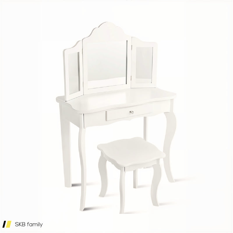 Kids Dressing Vanity Set With Tri-Folding Mirror And Stool 240615-232946