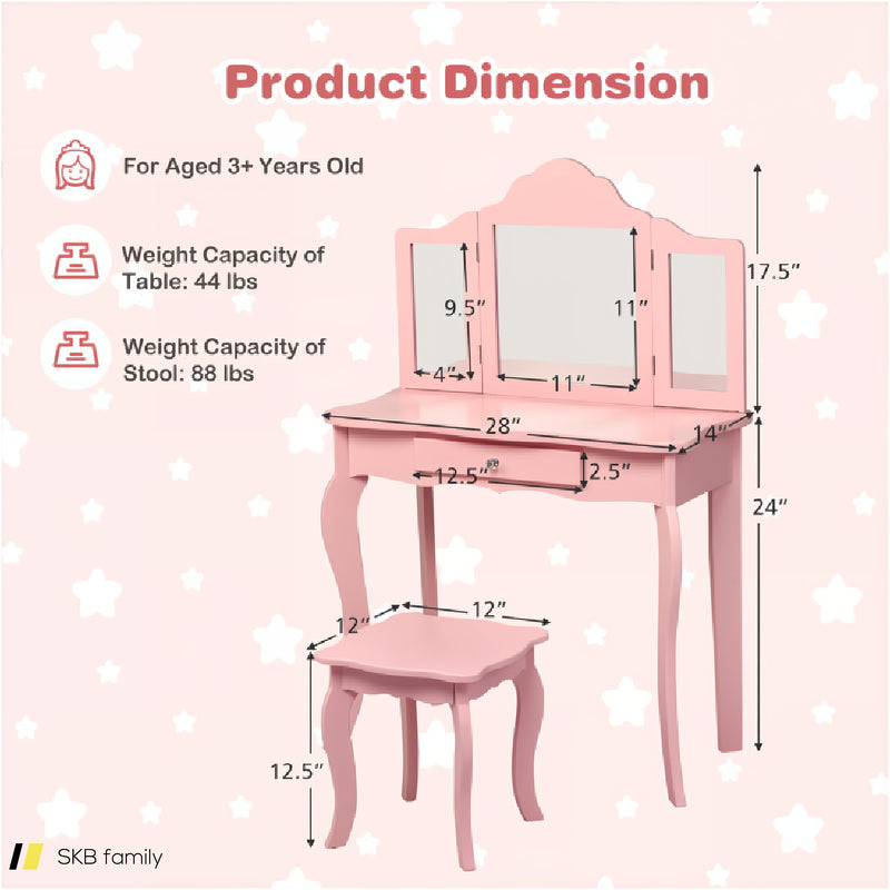 Kids Dressing Vanity Set With Tri-Folding Mirror And Stool 240615-232946