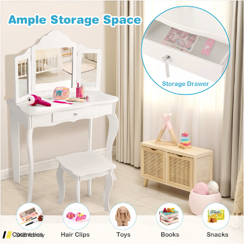 Kids Dressing Vanity Set With Tri-Folding Mirror And Stool 240615-232946